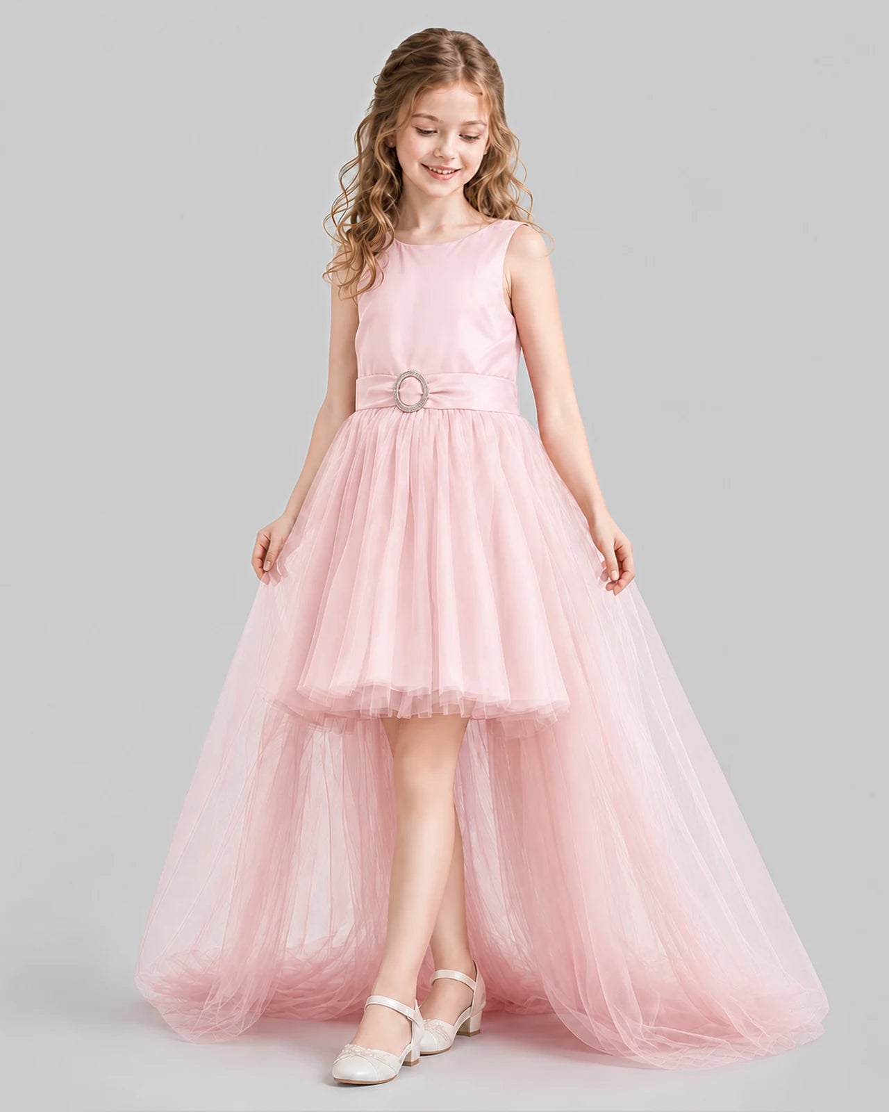 Pink Flared Girls Pageant Dresses Side