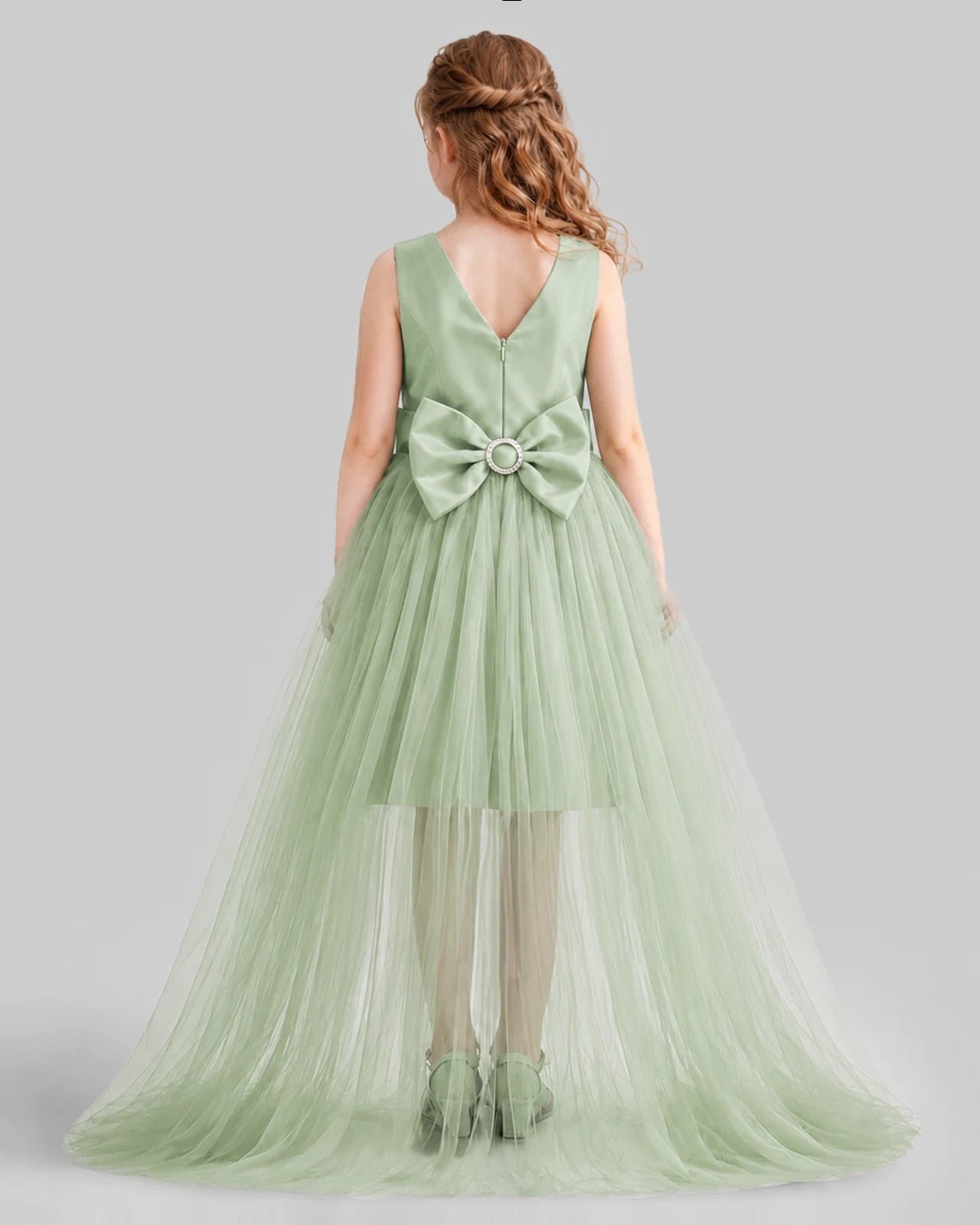 Sage Green Flared Girls Pageant Dresses Back