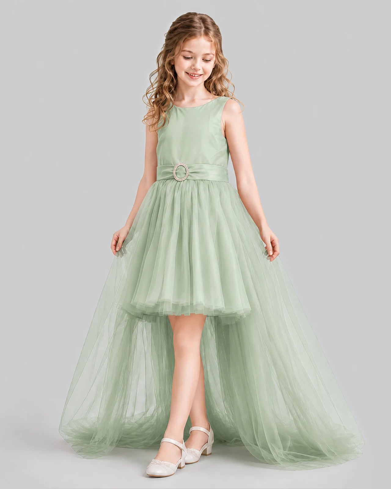 Sage Green Flared Girls Pageant Dresses Side