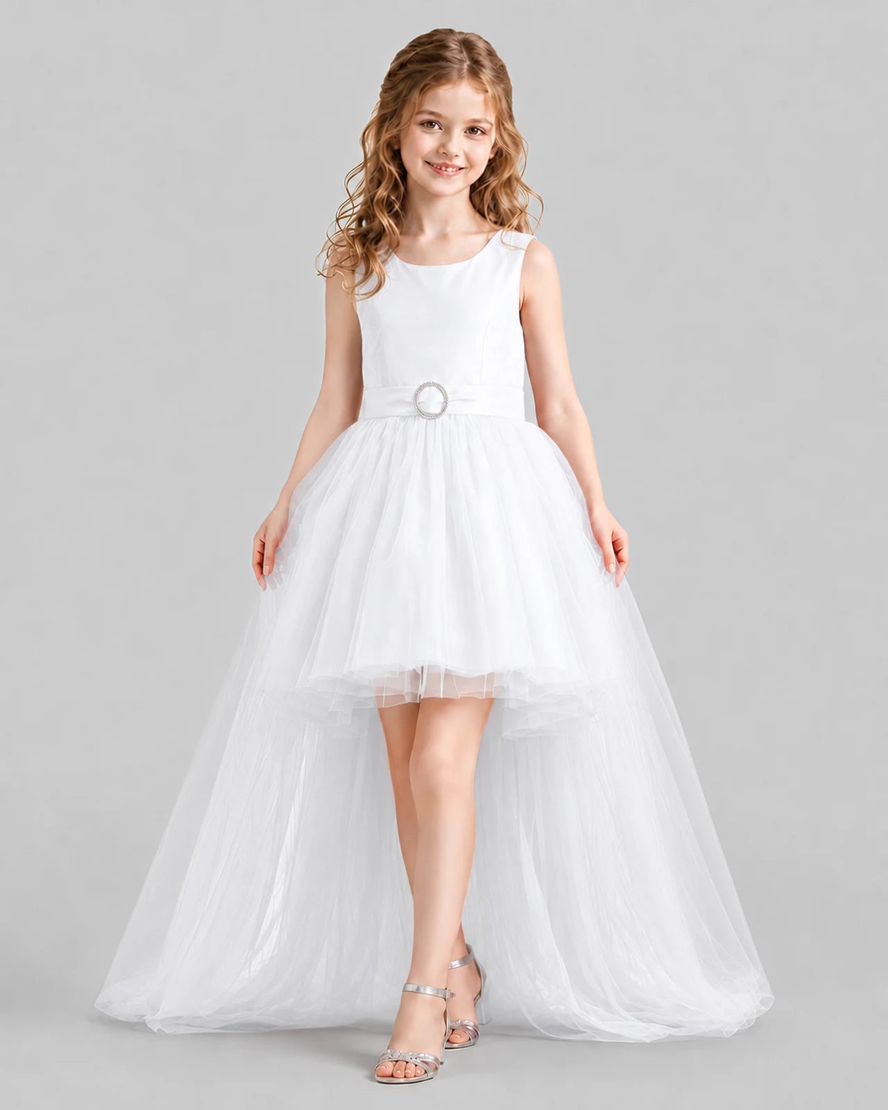 White Flared Girls Pageant Dresses Front
