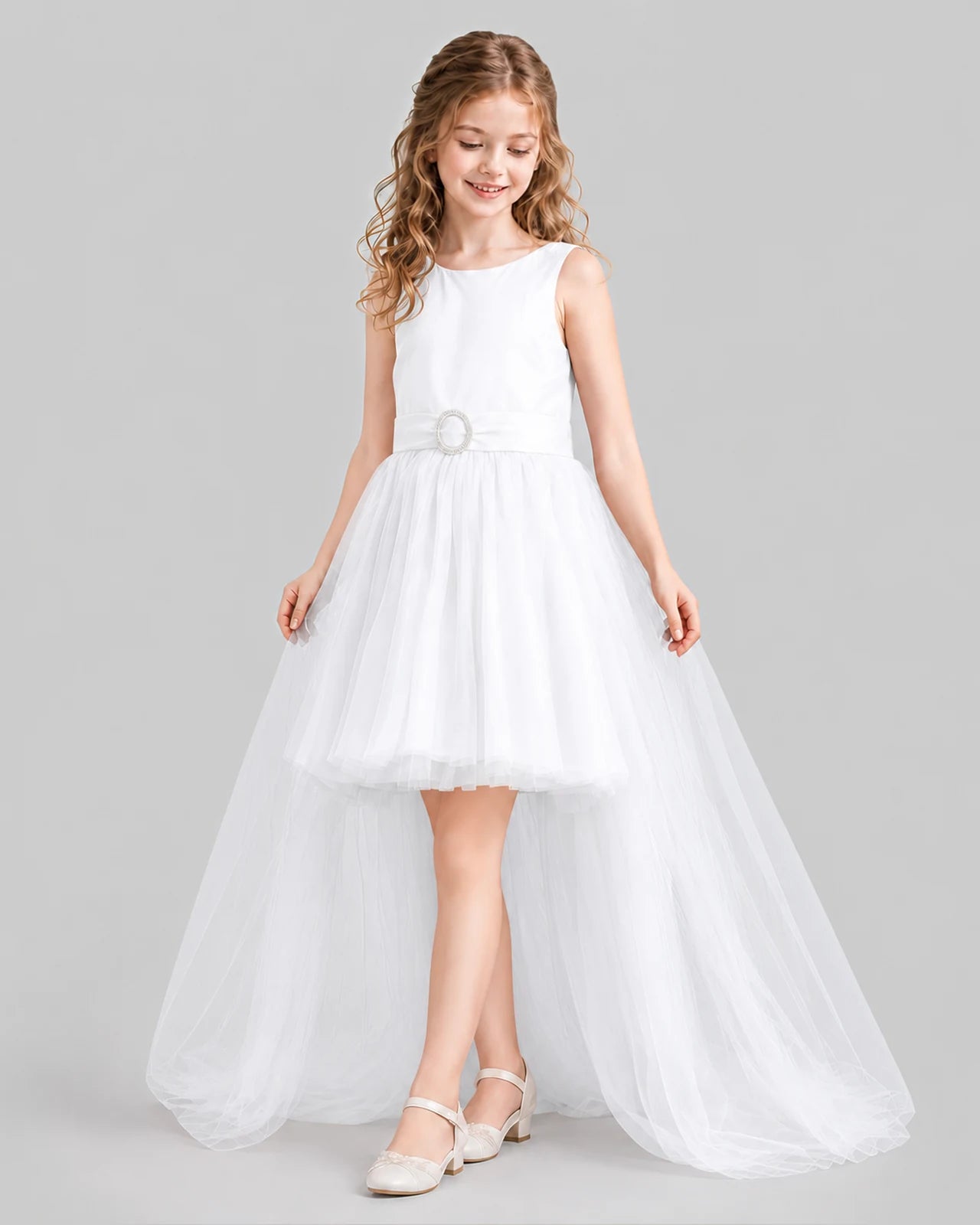 White Flared Girls Pageant Dresses Side