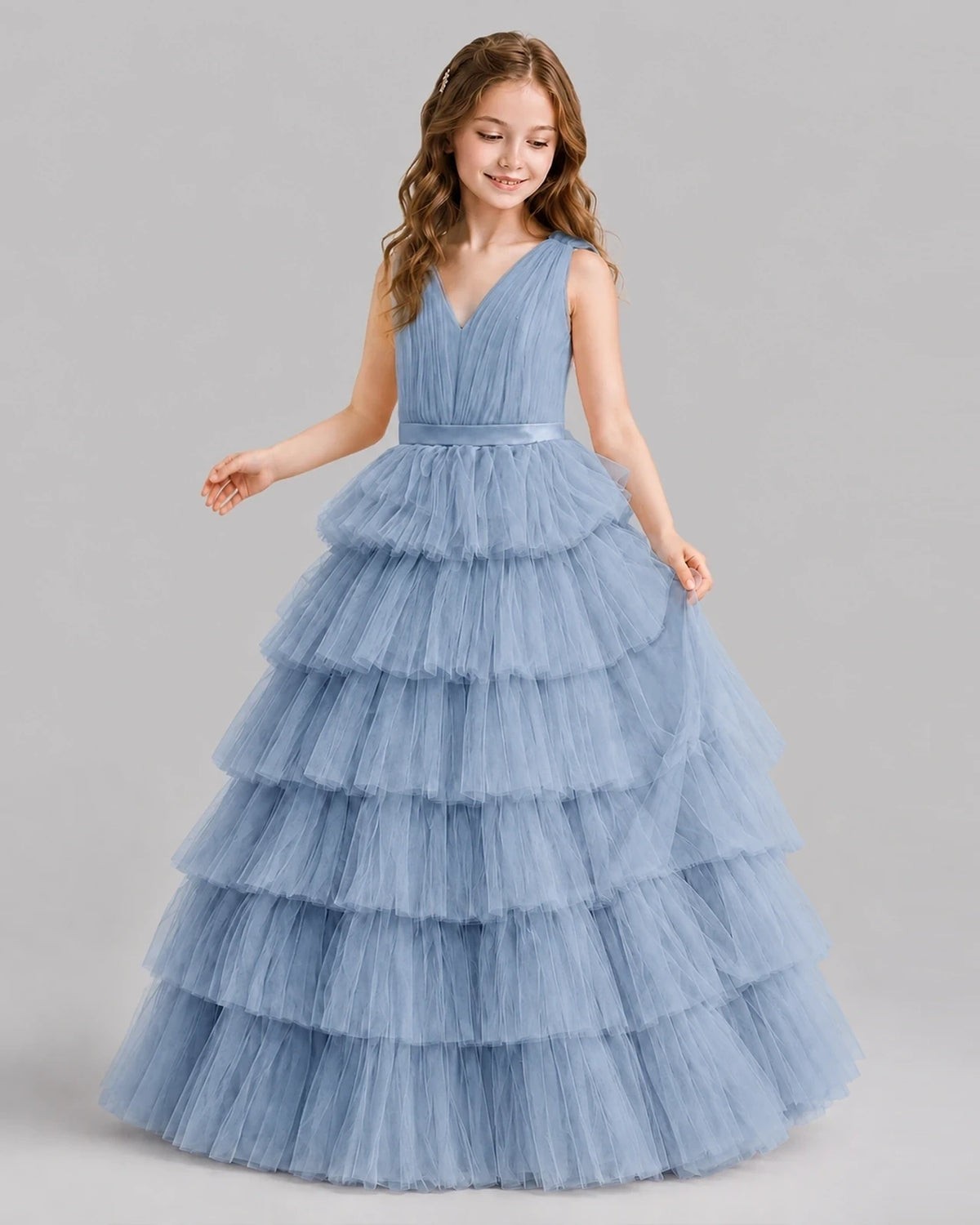 Dusty Blue Ball Gown Girls Pageant Dresses Front