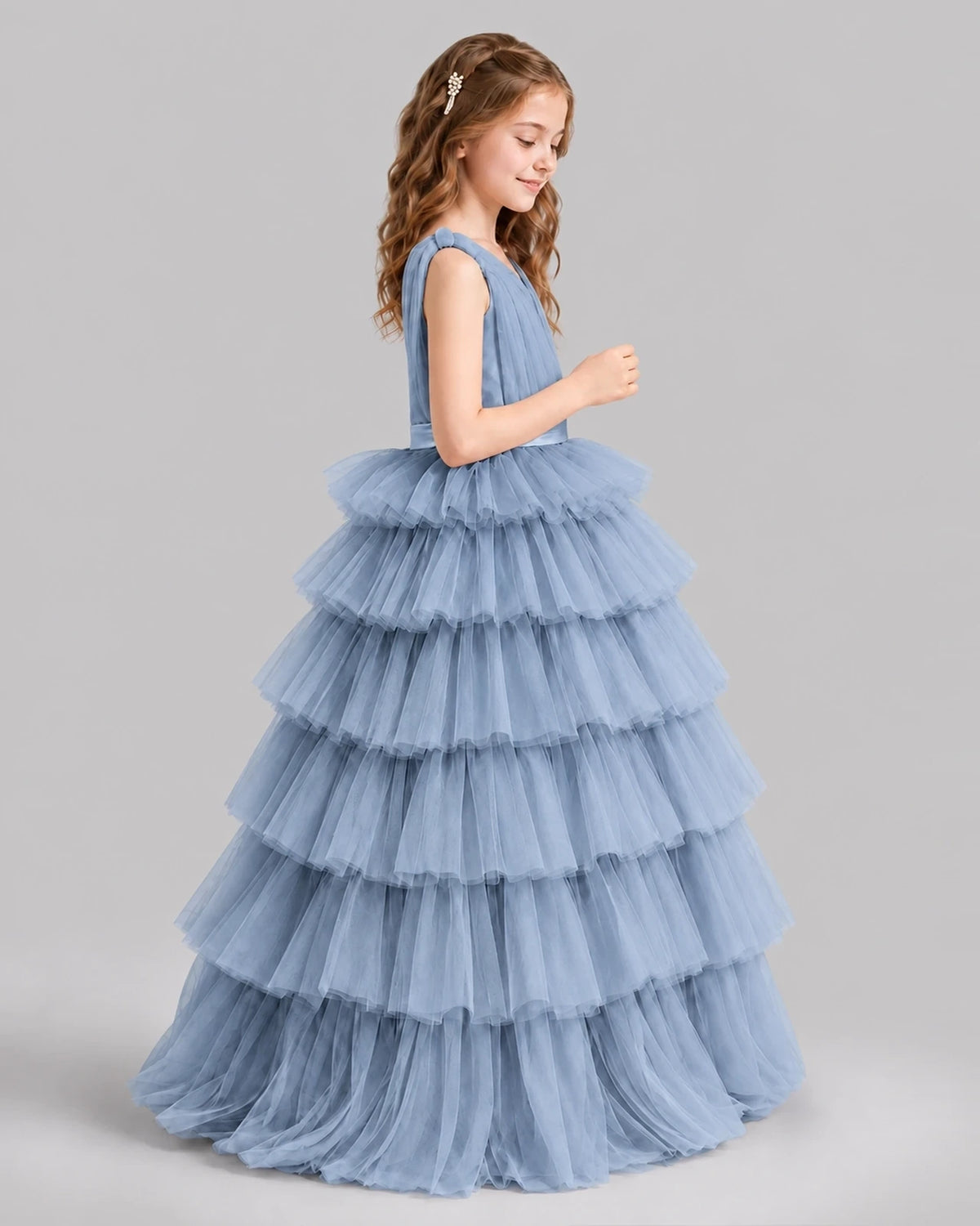 Dusty Blue Ball Gown Girls Pageant Dresses Side