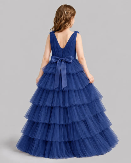 Navy Blue Ball Gown Girls Pageant Dresses Back