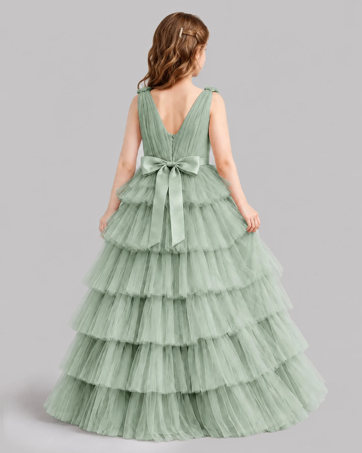 Sage Green Ball Gown Girls Pageant Dresses Back