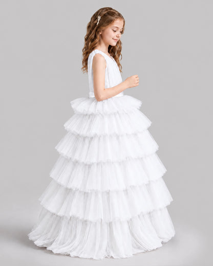 White Ball Gown Girls Pageant Dresses Side