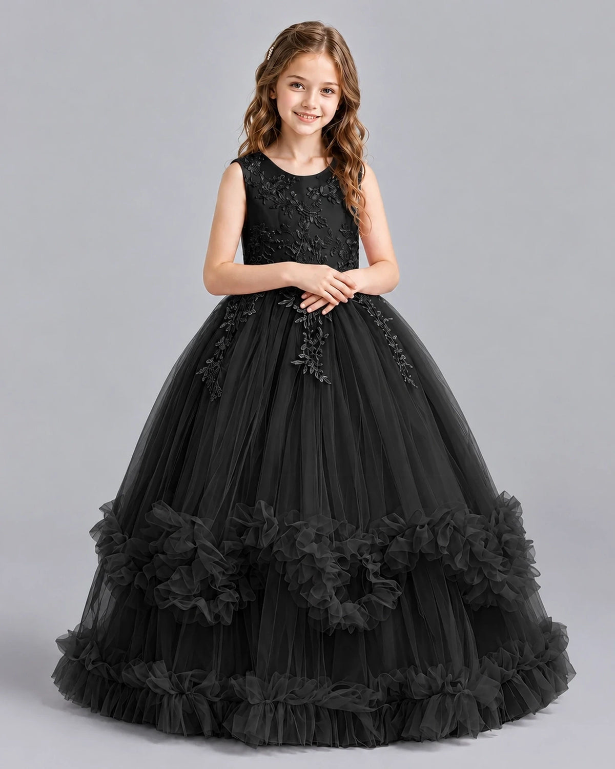 Black Ball Gown Girls Pageant Dresses Front