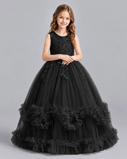 Black Ball Gown Girls Pageant Dresses Front
