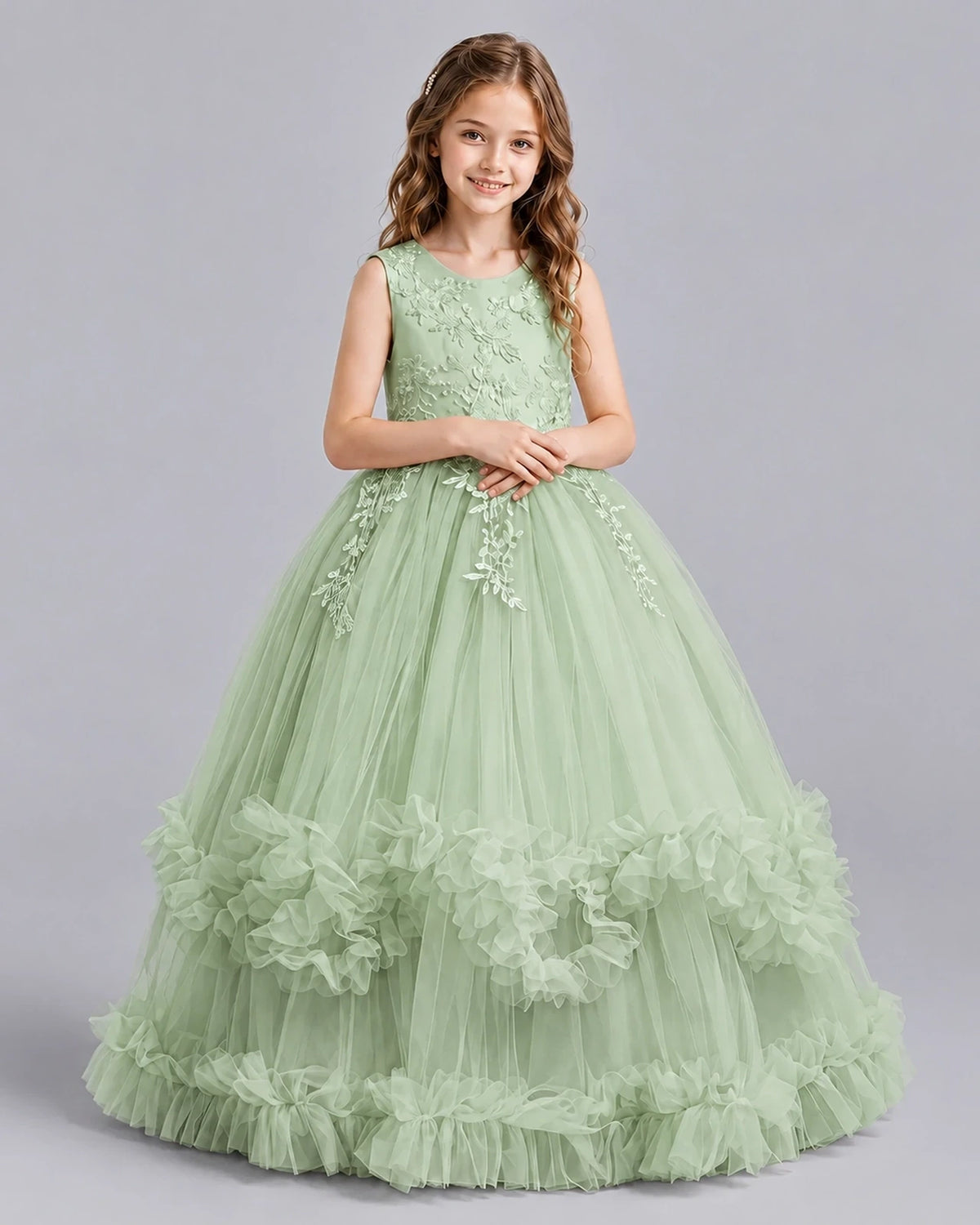 Sage Green Ball Gown Girls Pageant Dresses Front
