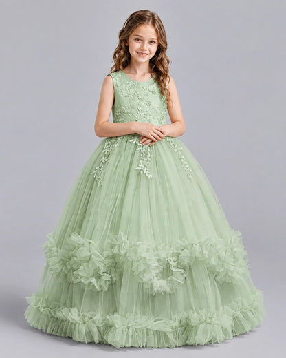 Sage Green Ball Gown Girls Pageant Dresses Front
