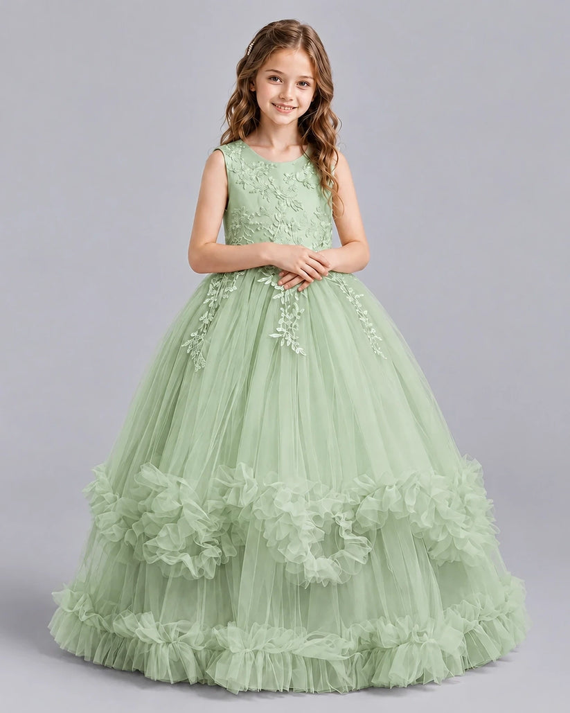 Sage Green Ball Gown Girls Pageant Dresses Front