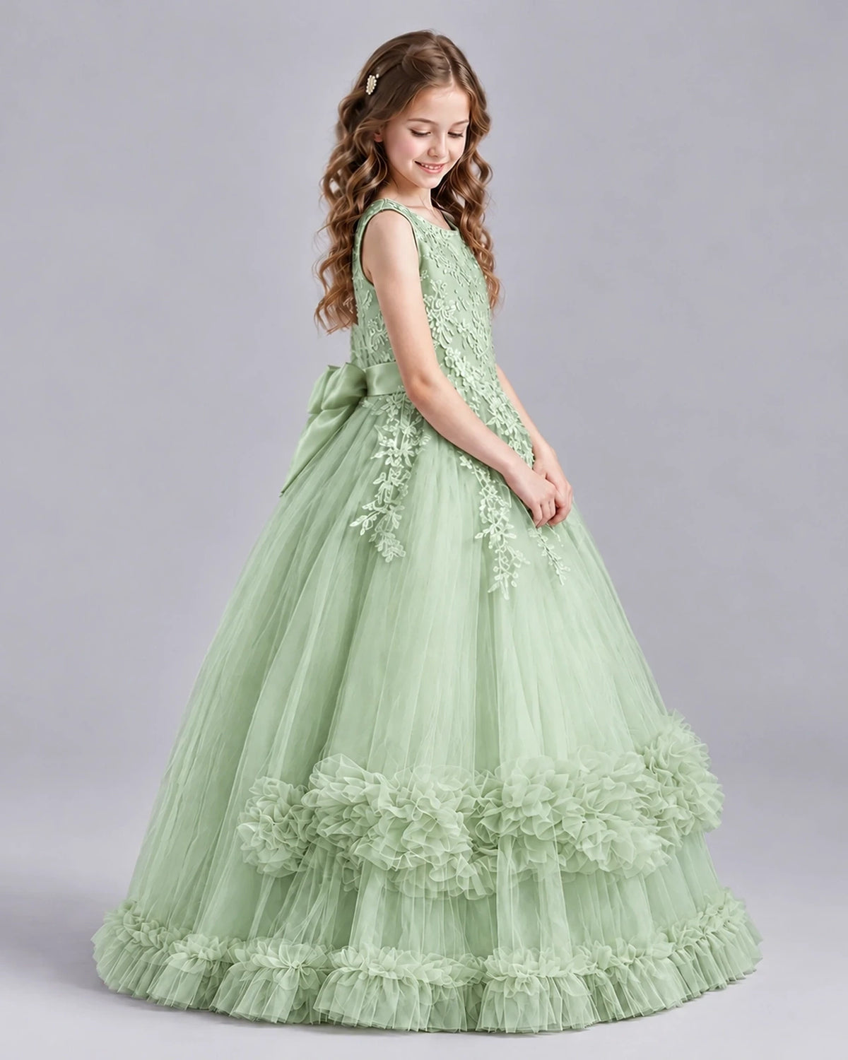 Sage Green Ball Gown Girls Pageant Dresses Side