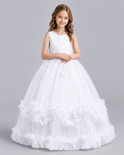 White Ball Gown Girls Pageant Dresses Front