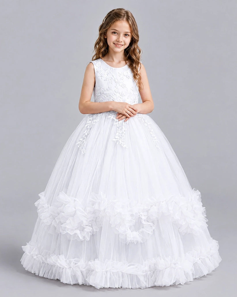 White Ball Gown Girls Pageant Dresses Front