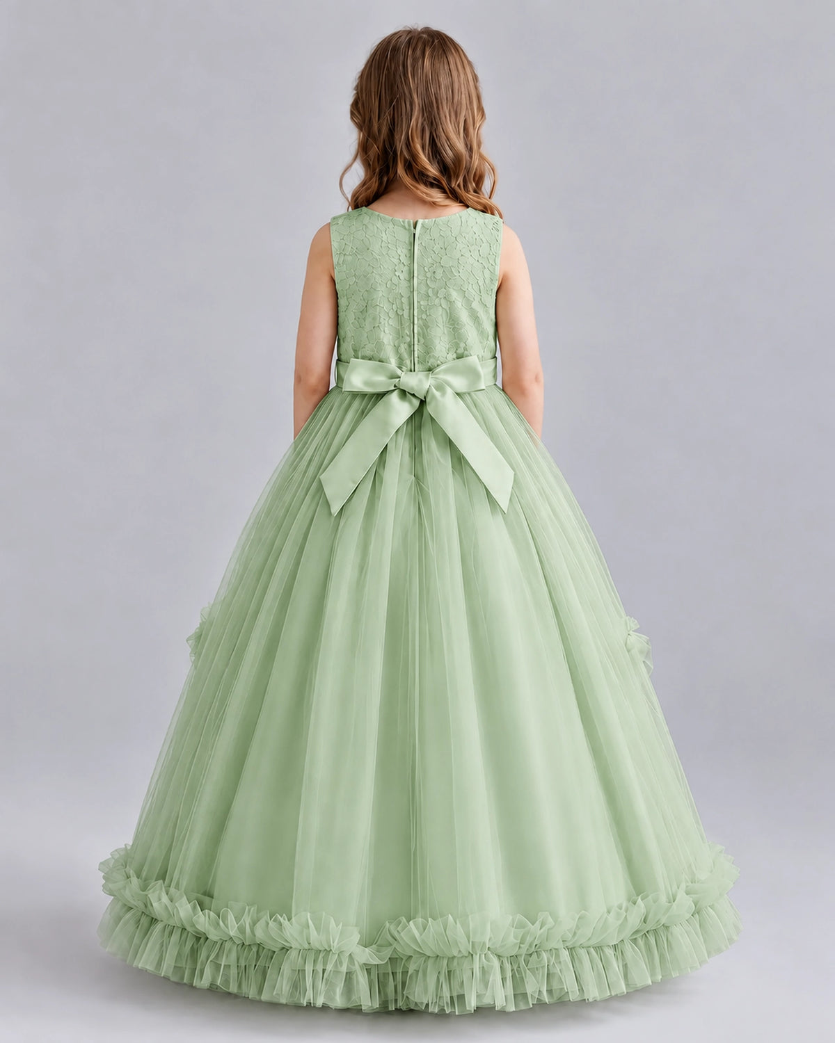 Sage Green Ball Gown Girls Pageant Dresses Back