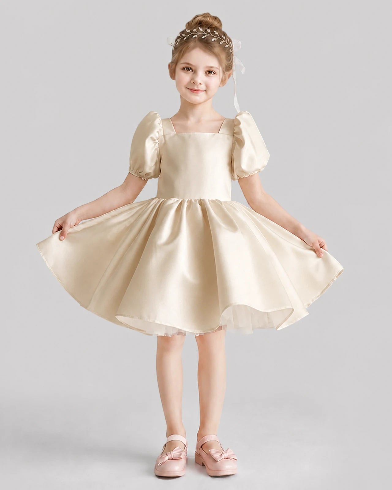 Champagne Flared Flower Girl Dresses Front