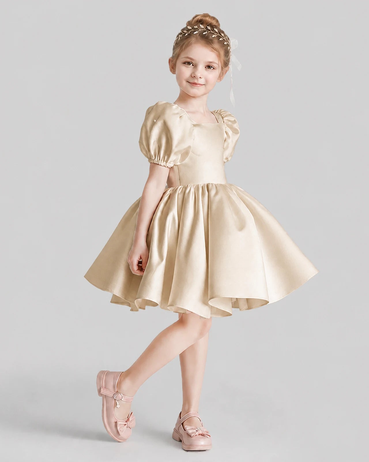 Champagne Flared Flower Girl Dresses Side