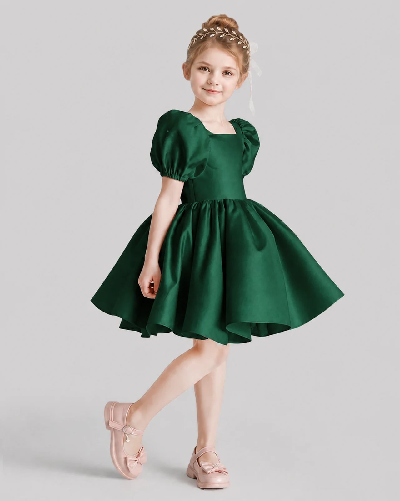 Dark Green Flared Flower Girl Dresses Side
