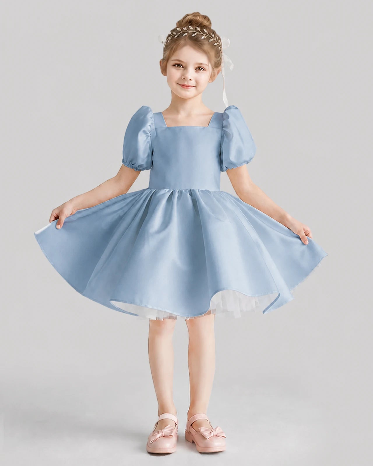 Dusty Blue Flared Flower Girl Dresses Front