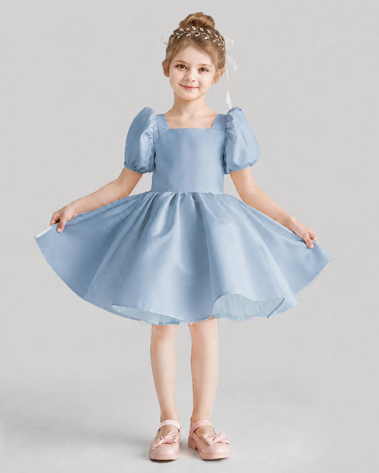 Dusty Blue Flared Flower Girl Dresses Front