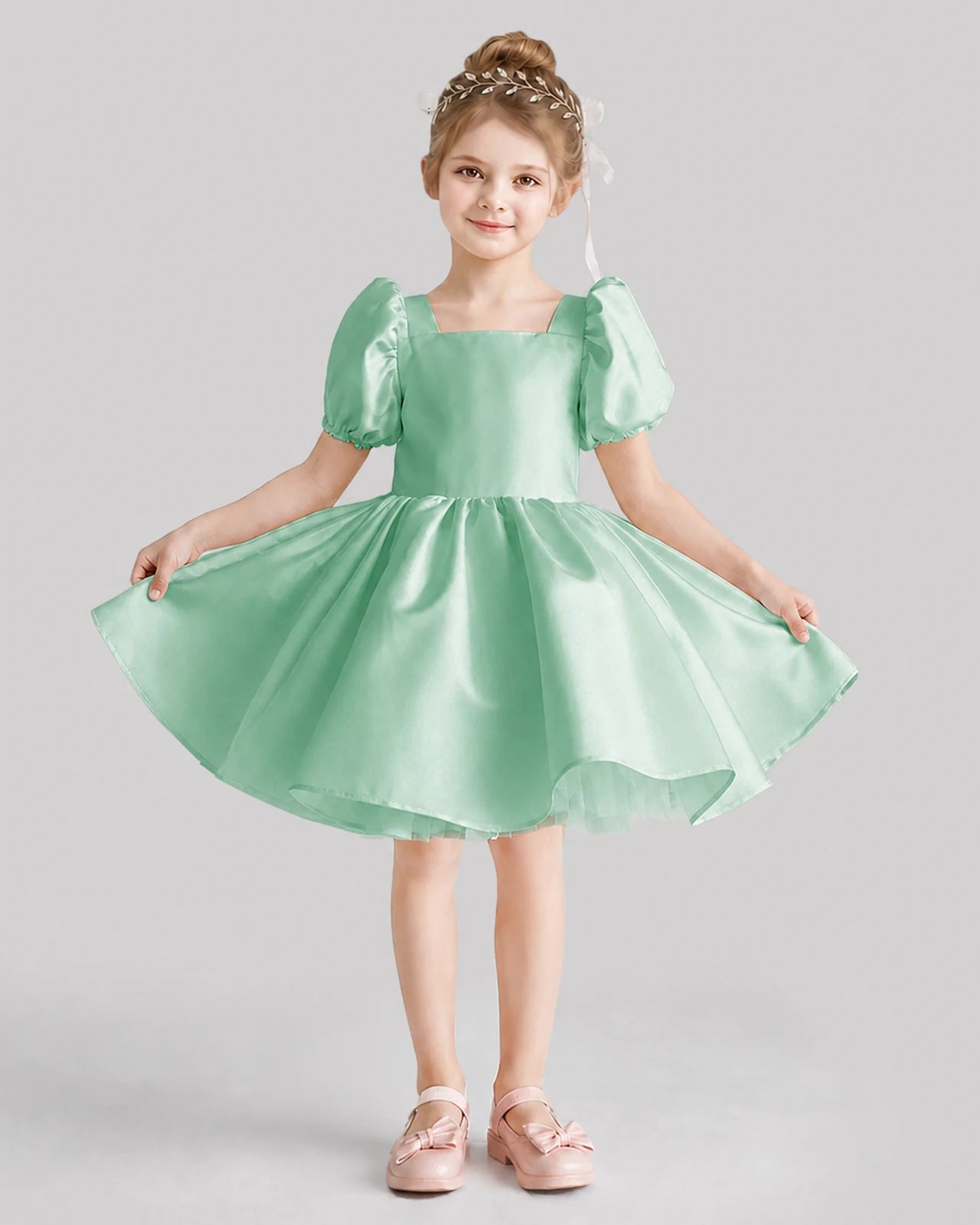 Mint Green Flared Flower Girl Dresses Front