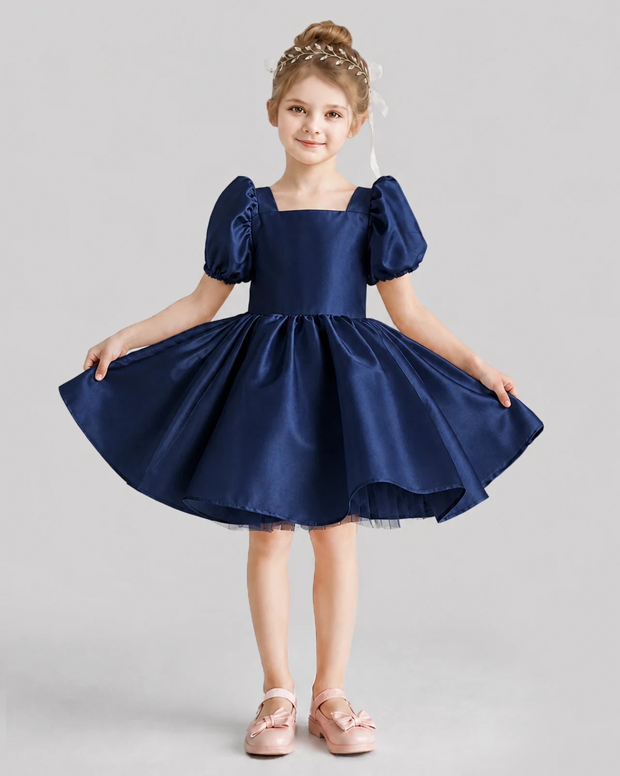 Navy Blue Flared Flower Girl Dresses Front