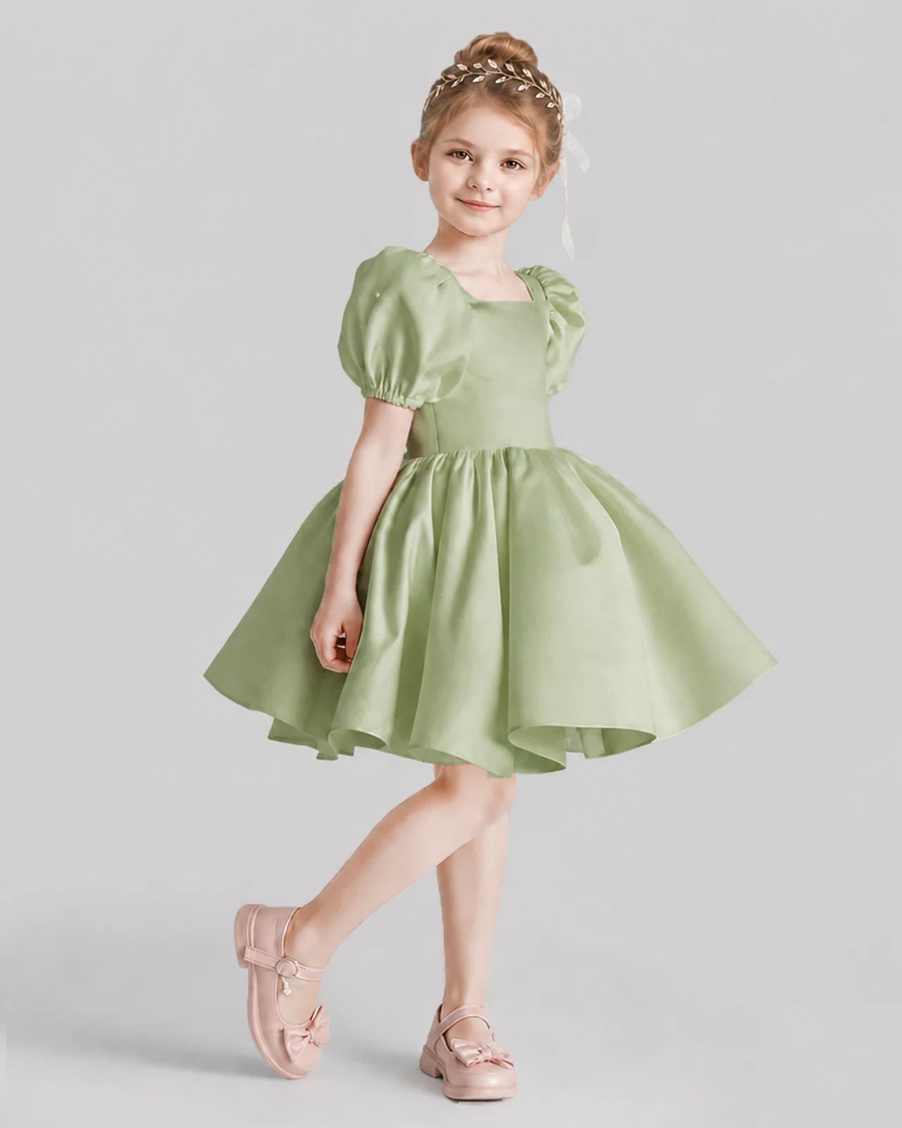 Sage Green Flared Flower Girl Dresses Side