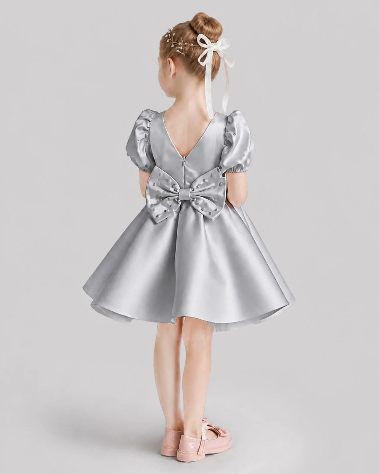 Silver Flared Flower Girl Dresses Back