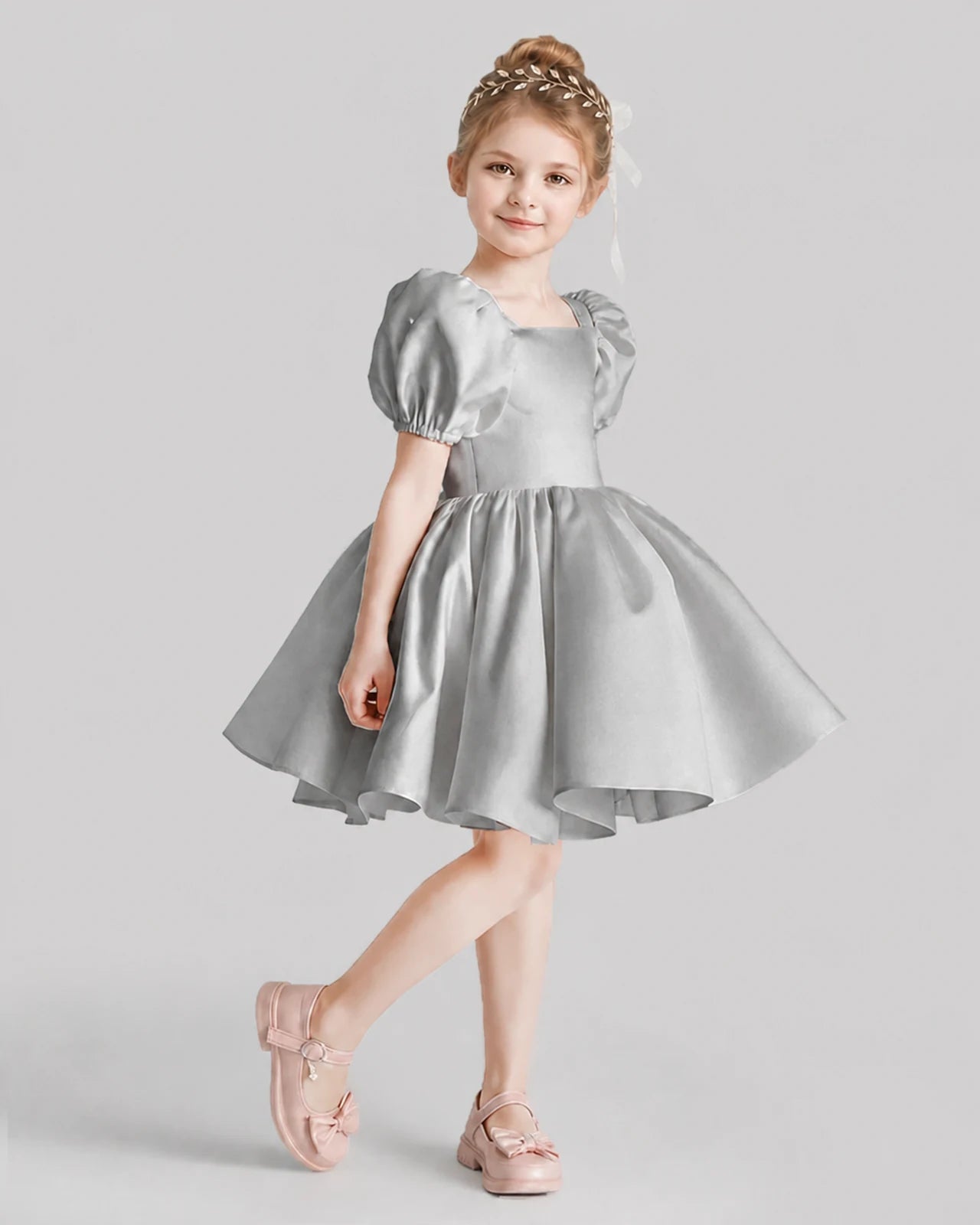 Silver Flared Flower Girl Dresses Side