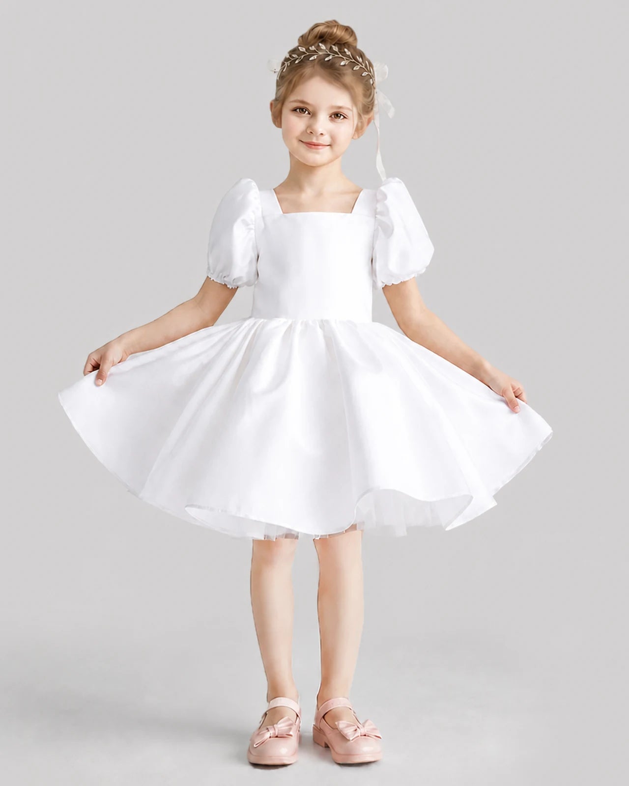 White Flared Flower Girl Dresses Front