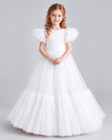 White Ball Gown Girls Pageant Dresses Pose