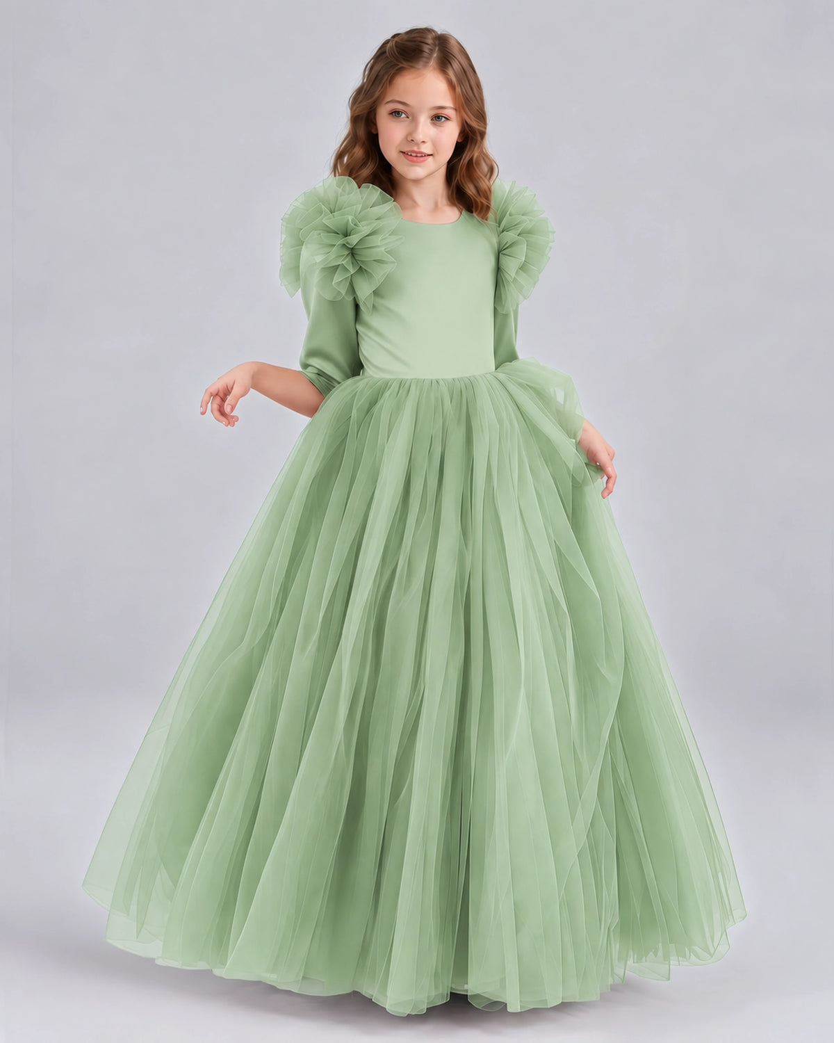 Sage Green Ball Gown Girls Formal Dresses Front