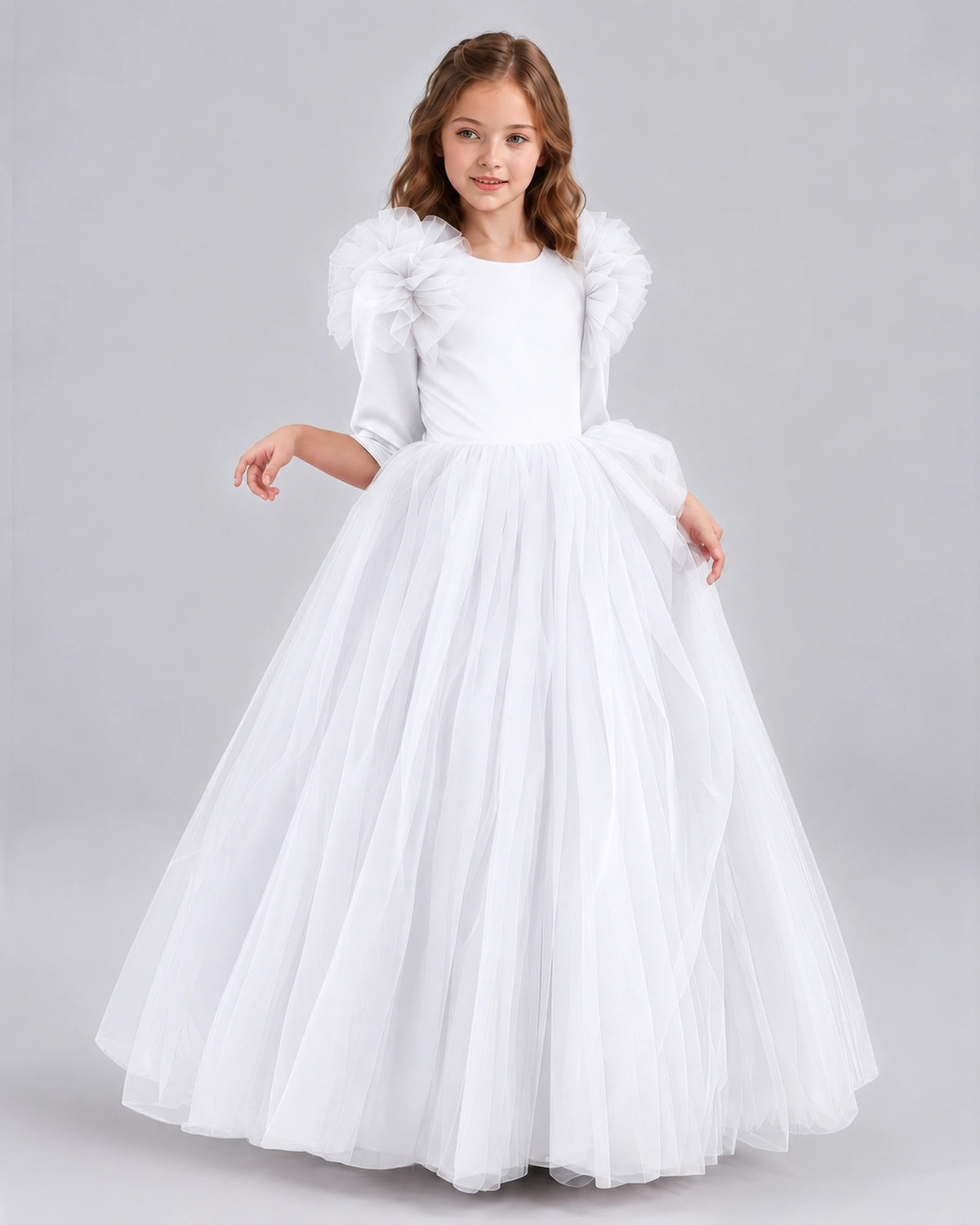 White Ball Gown Girls Formal Dresses Front