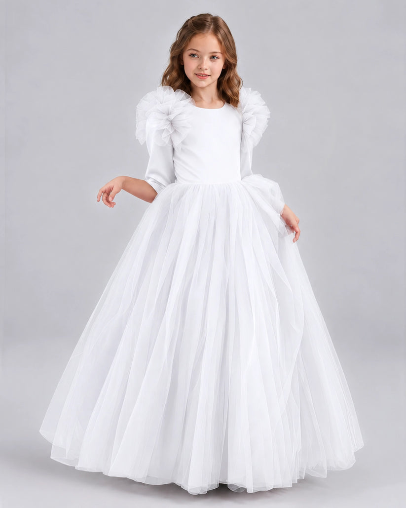 White Ball Gown Girls Formal Dresses Front