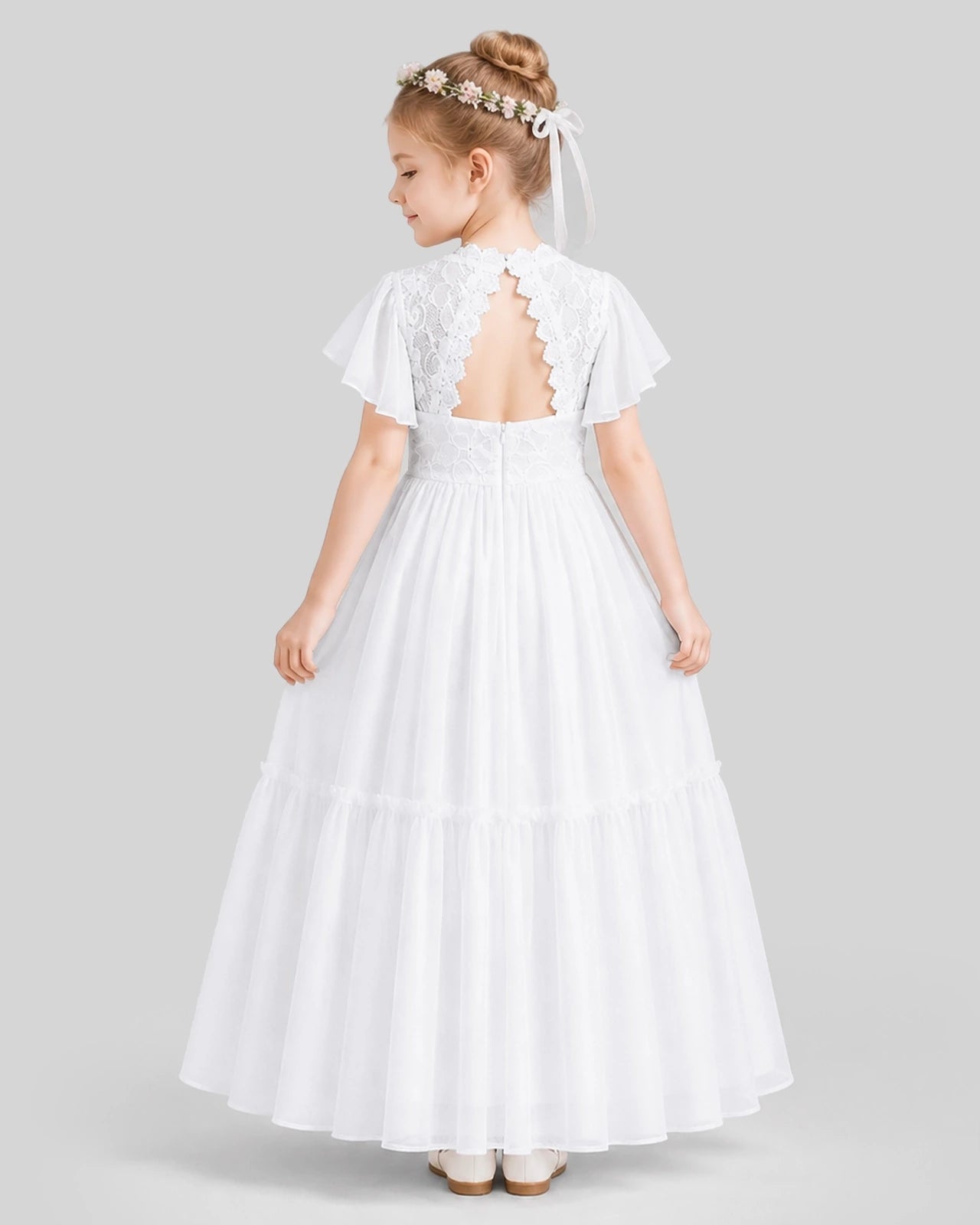 White A-line Flower Girl Dresses Back