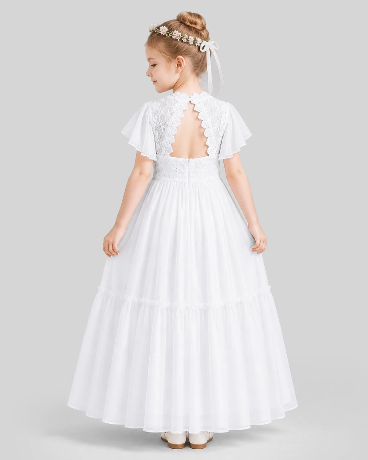 White A-line Flower Girl Dresses Back