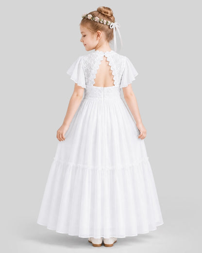 White A-line Flower Girl Dresses Back