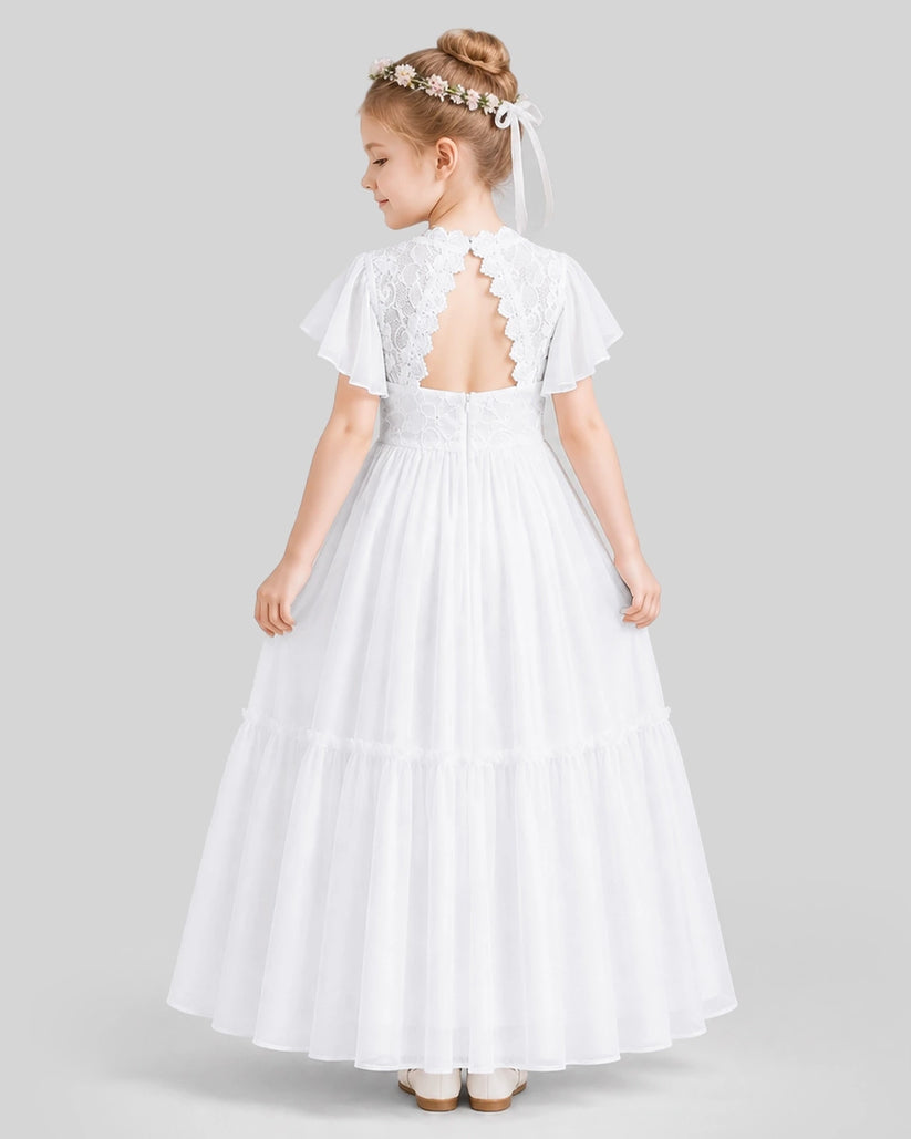White A-line Flower Girl Dresses Back