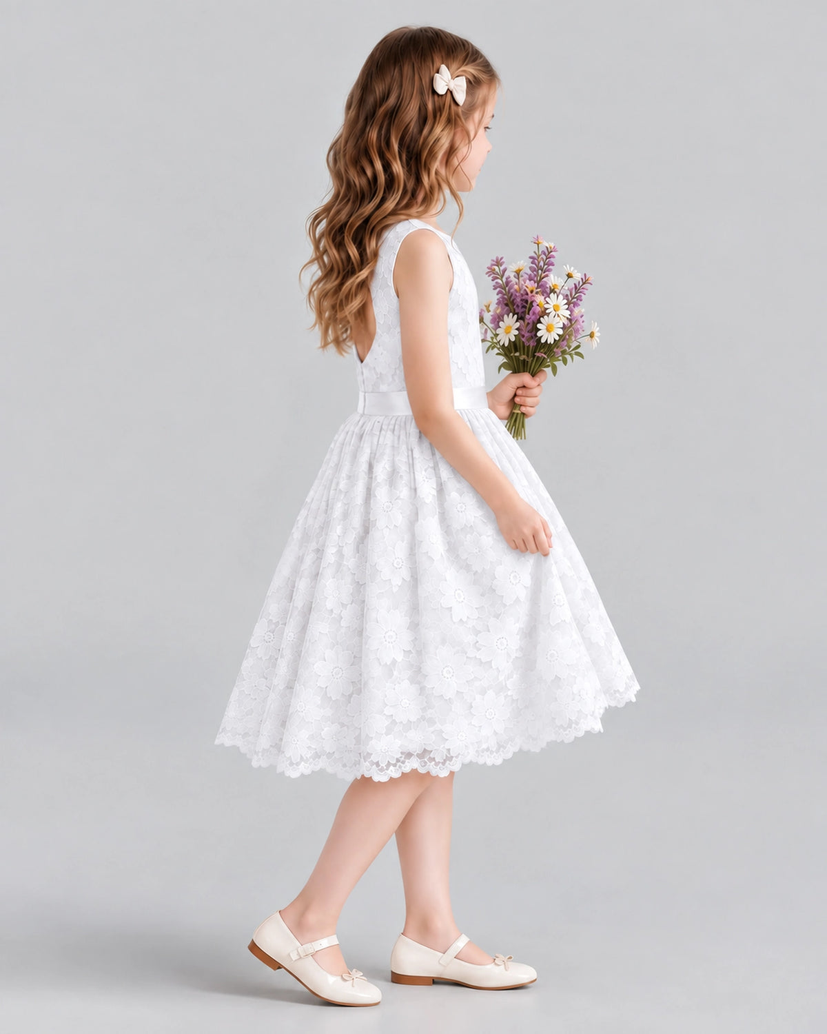 White A-line Flower Girl Dresses Side