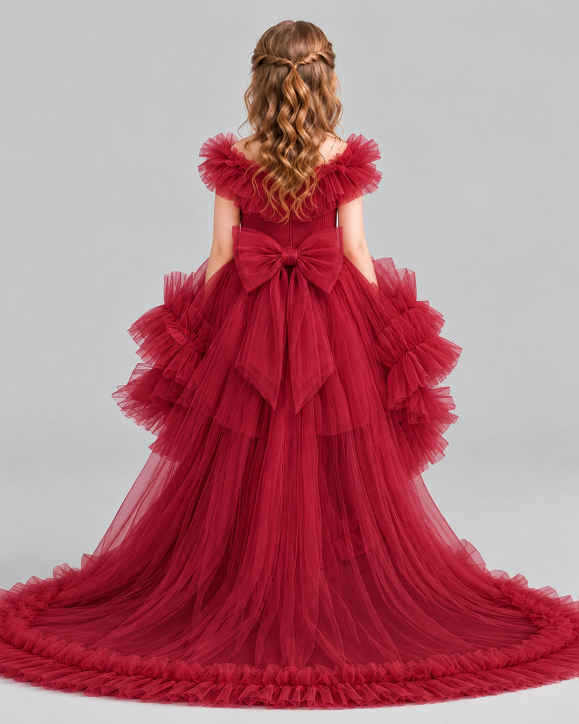 Burgundy Ball Gown Girls Pageant Dresses Back