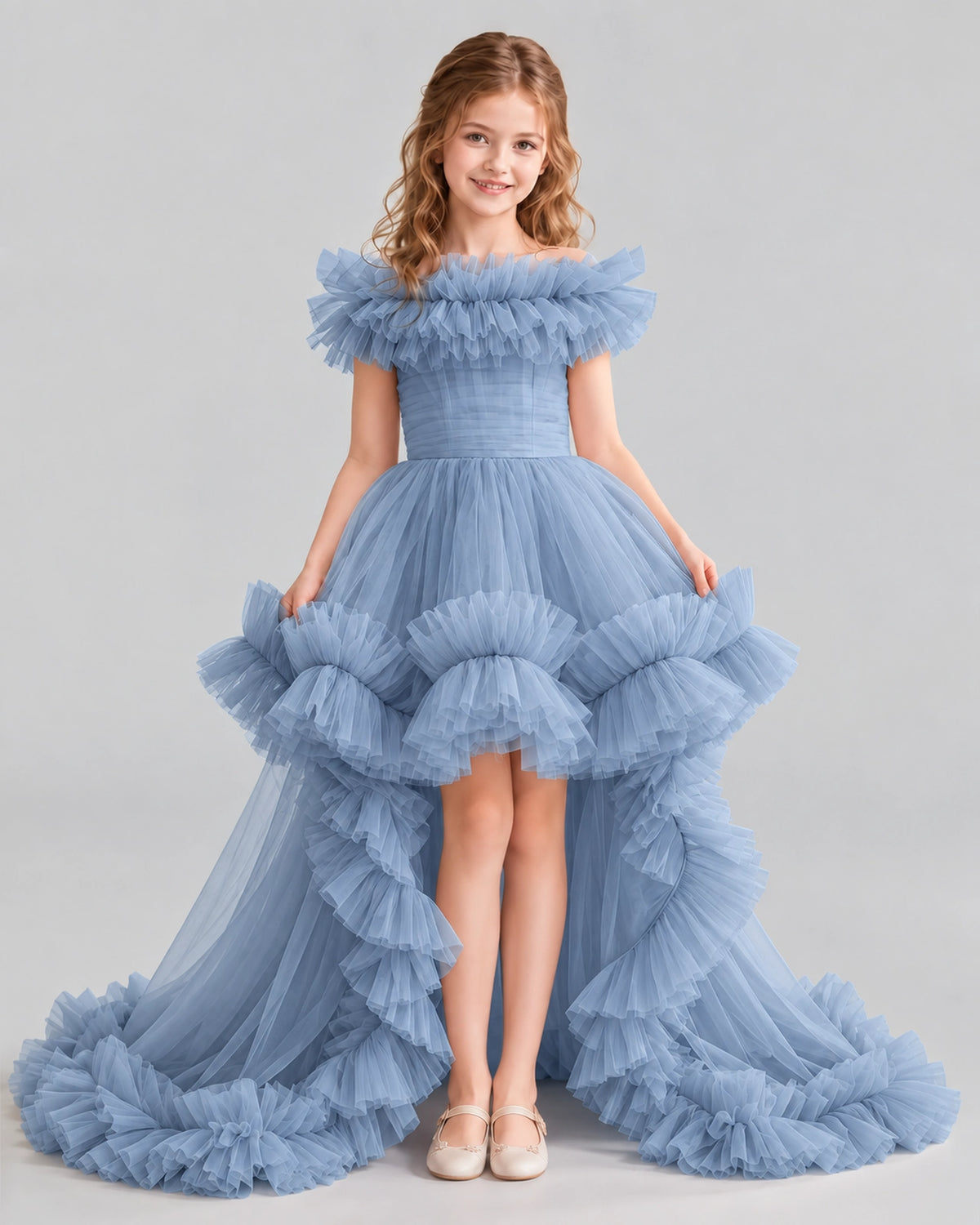 Dusty Blue Ball Gown Girls Pageant Dresses Front