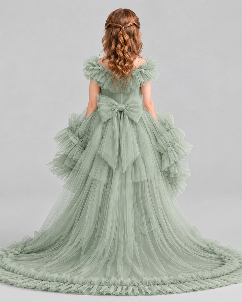 Sage Green Ball Gown Girls Pageant Dresses Back