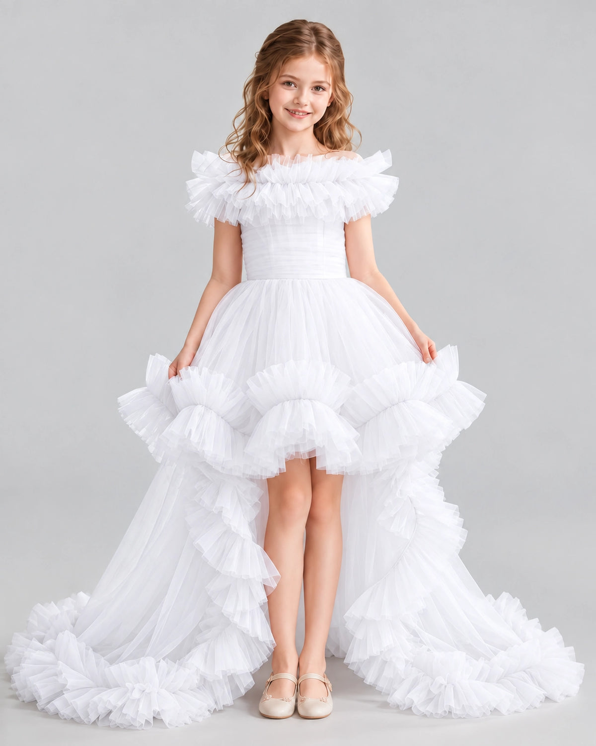 White Ball Gown Girls Pageant Dresses Front