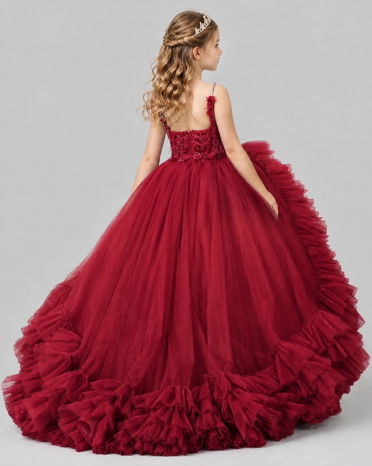 Burgundy Ball Gown Girls Pageant Dresses Back