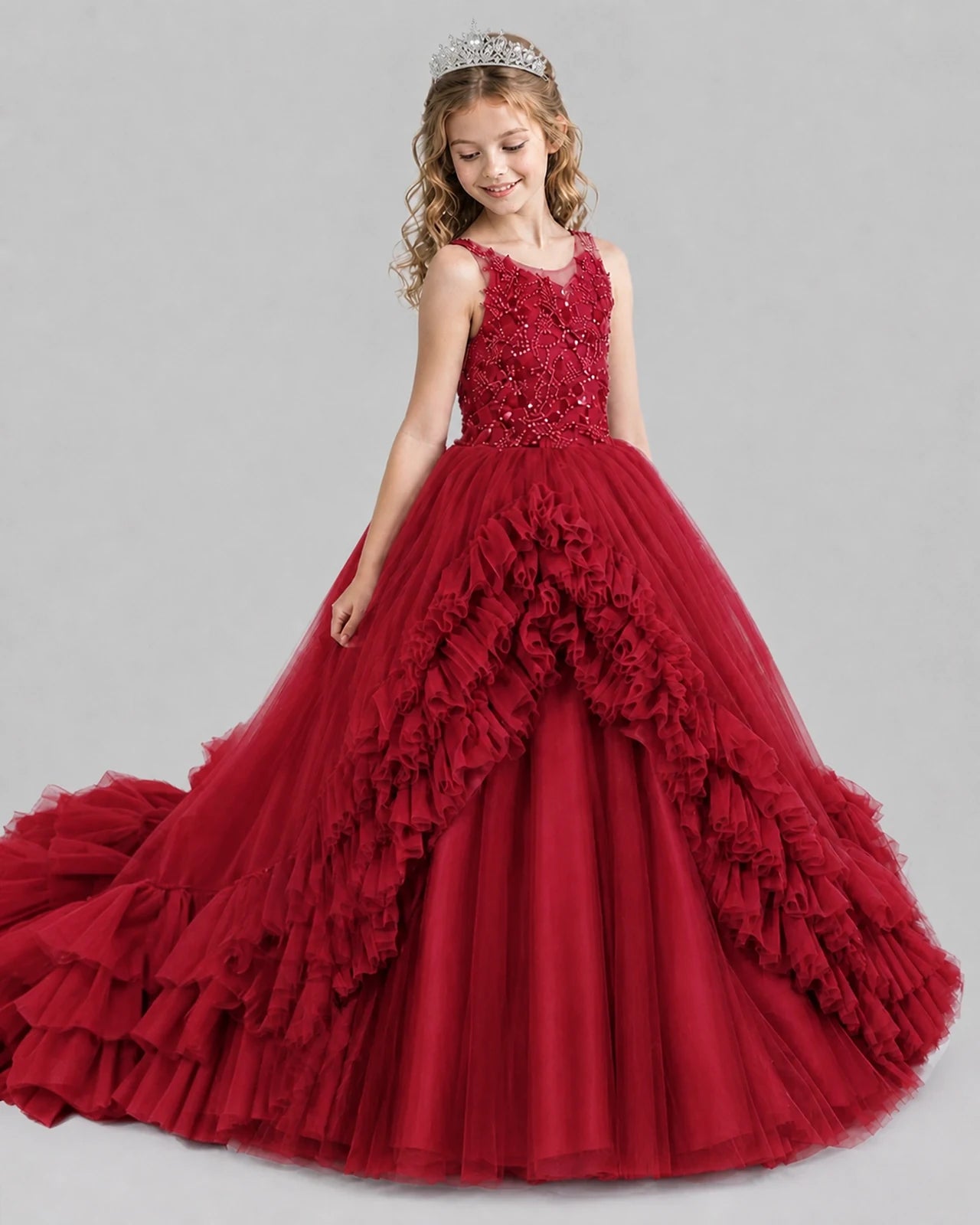 Burgundy Ball Gown Girls Pageant Dresses Front