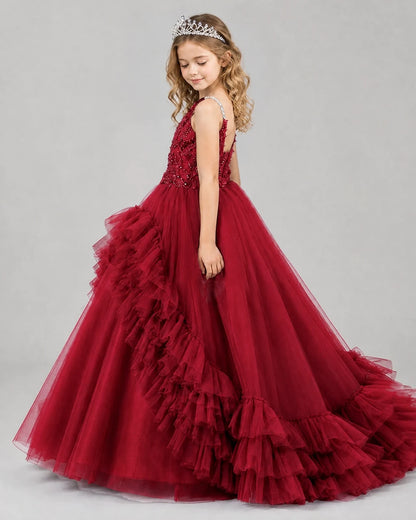 Burgundy Ball Gown Girls Pageant Dresses Side