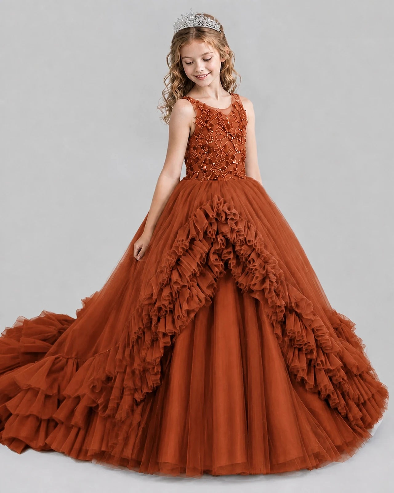 Burnt Orange Ball Gown Girls Pageant Dresses Front