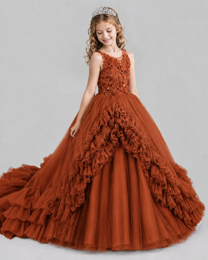 Burnt Orange Ball Gown Girls Pageant Dresses Front