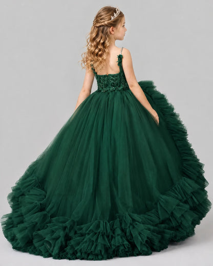 Dark Green Ball Gown Girls Pageant Dresses Back
