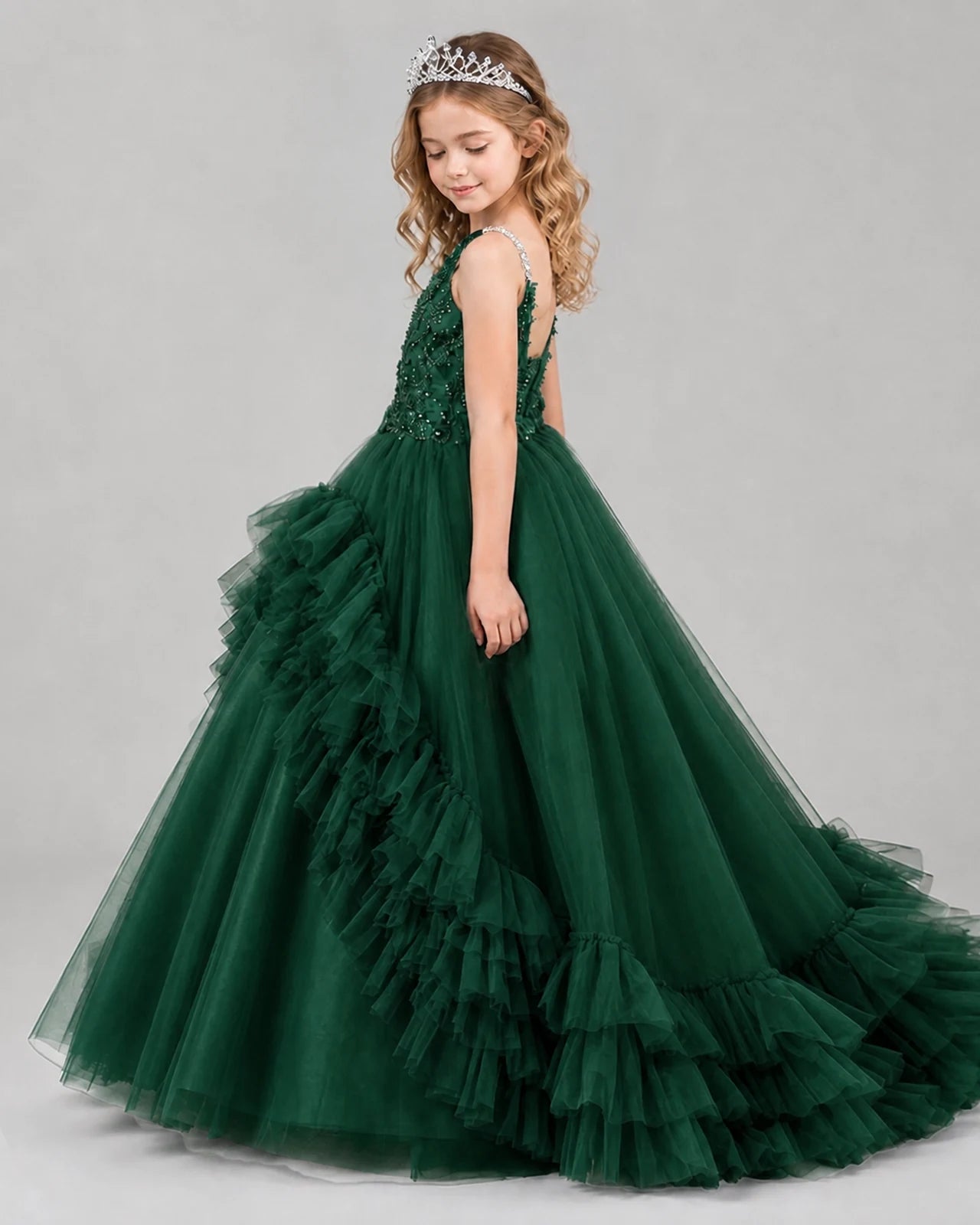 Dark Green Ball Gown Girls Pageant Dresses Side